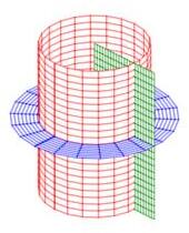 The plot shows the cylindrical coordinates system. There is one
surface for each coordinate. The r-surface is a vertical cylinder.
The theta-surface is a vertical half plane. The z-surface is a
horizontal plane.