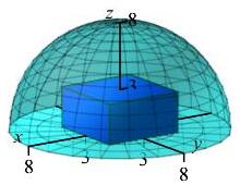 The plot shows a hemisphere of radius square root of 8 and inside
    there is a 6 by 6 by 3 box sitting on the xy plane.