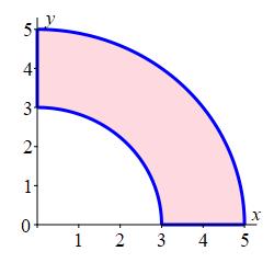 The plot shows the region between the circles of radii 3 and 5,
    but only in the first quadrant.